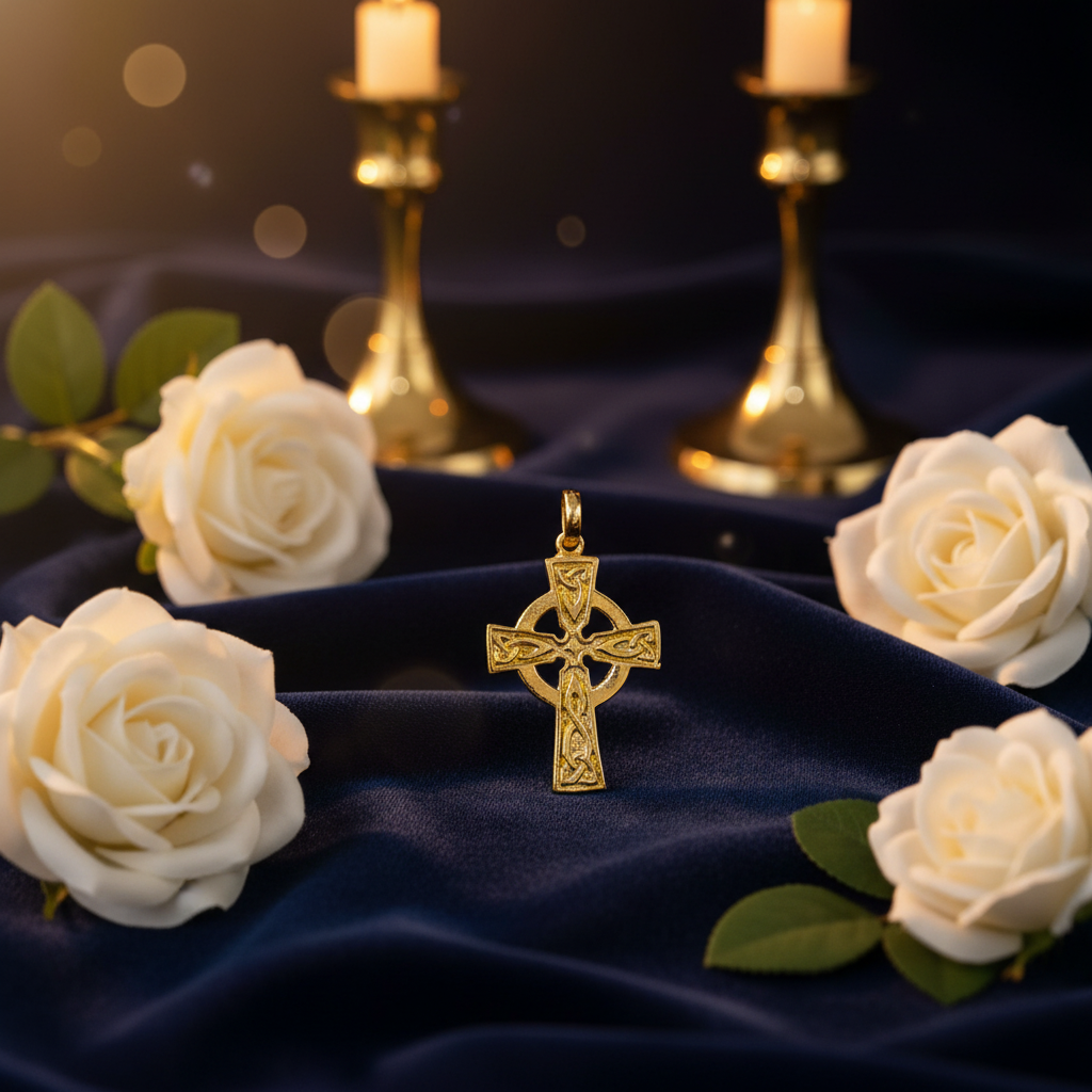 Celtic Cross Locket on navy velvet with white roses