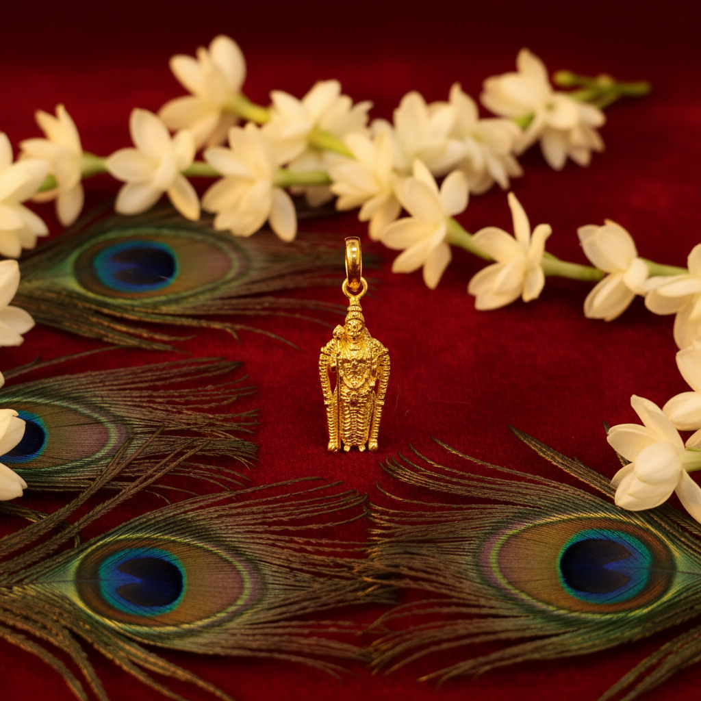 Murugan Swami Locket on red velvet with peacock feathers and jasmine