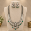 Oxidized Lakshmi long haram necklace and matching jhumka earrings on a mannequin