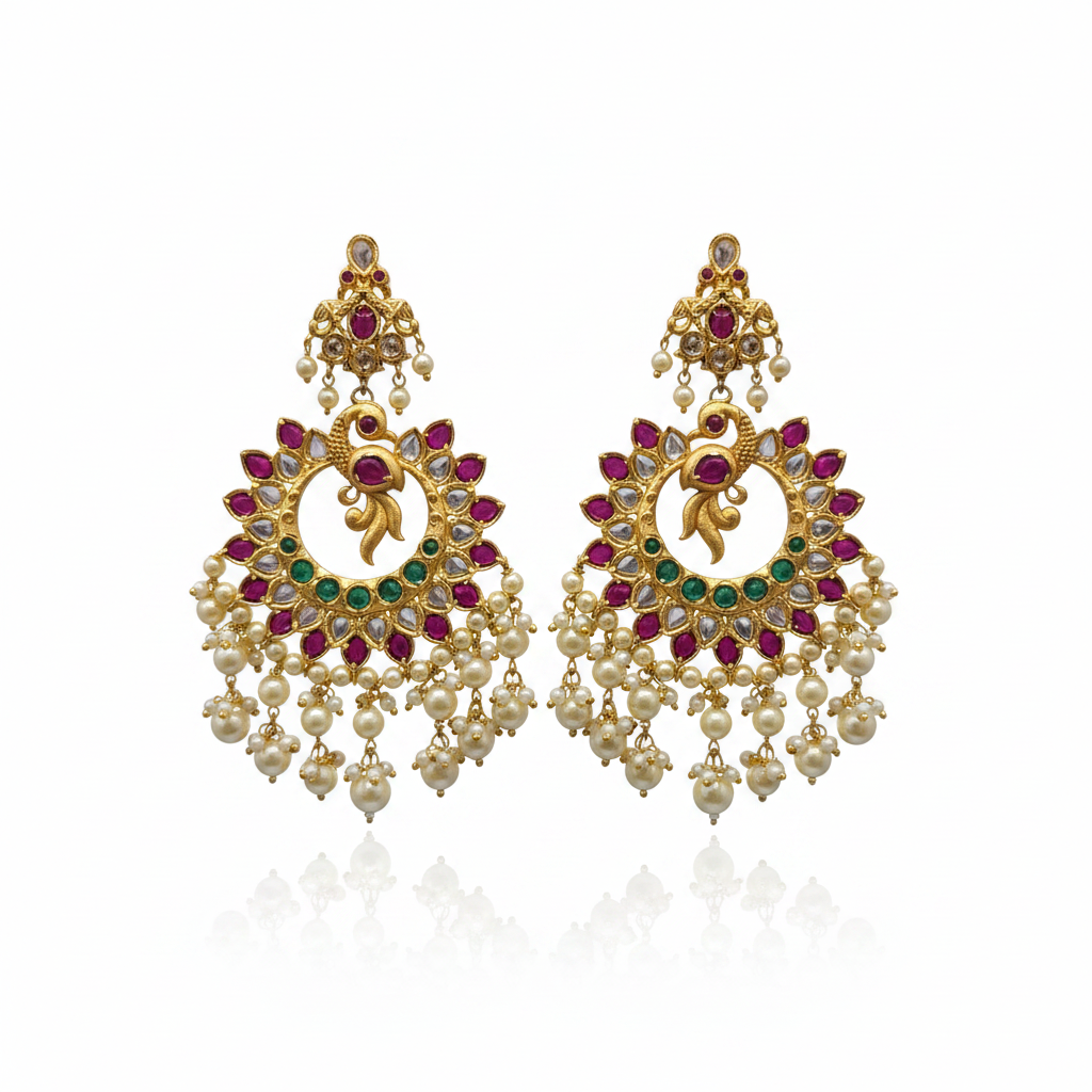 Jadau Kempu Chandbali Earrings - White Background