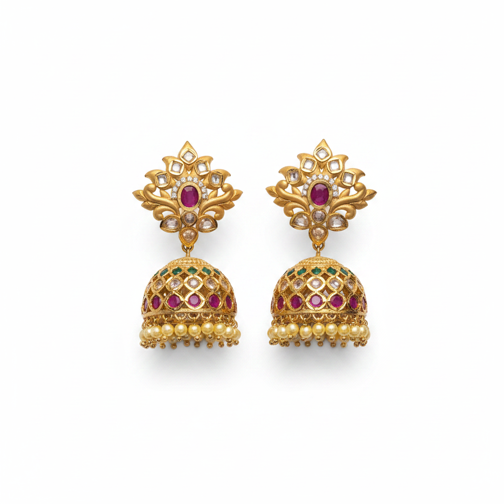 Ruby Emerald Polki Jhumka Earrings flat lay on white background