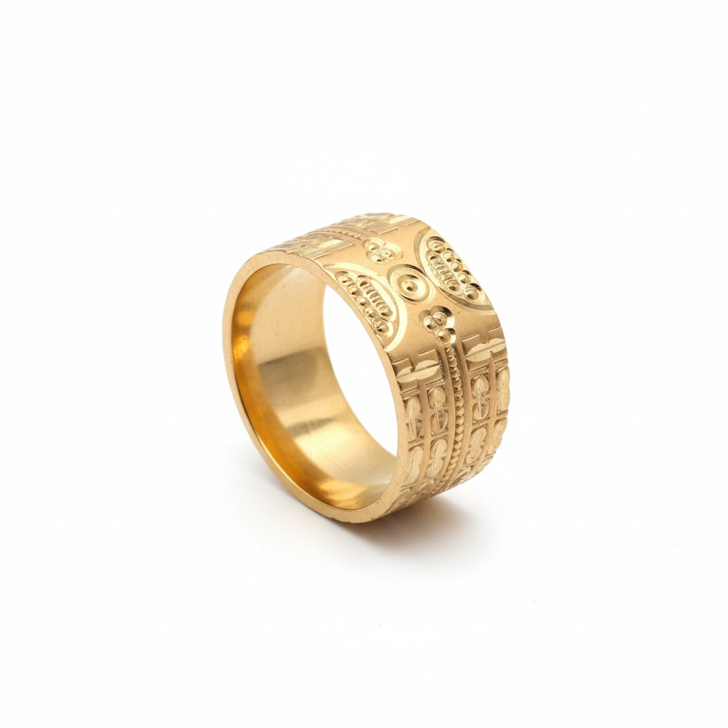 24K Gold Plated Ornate Traditional Men's Ring - Premium Carved Band
