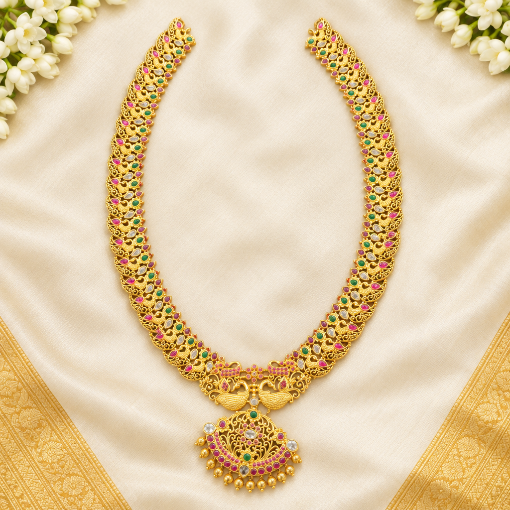 Traditional mango haram flat lay on ivory silk