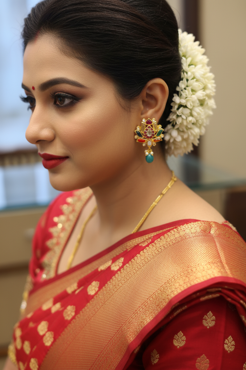 Model wearing Navratna Lotus Earrings with traditional bridal look