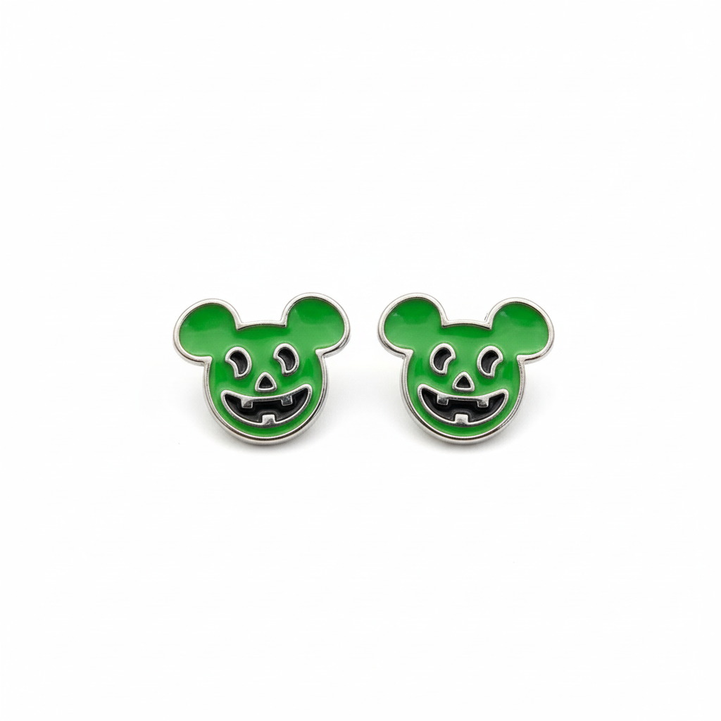 925 Silver Green Mouse Earrings for Kids - Smiling Character Studs