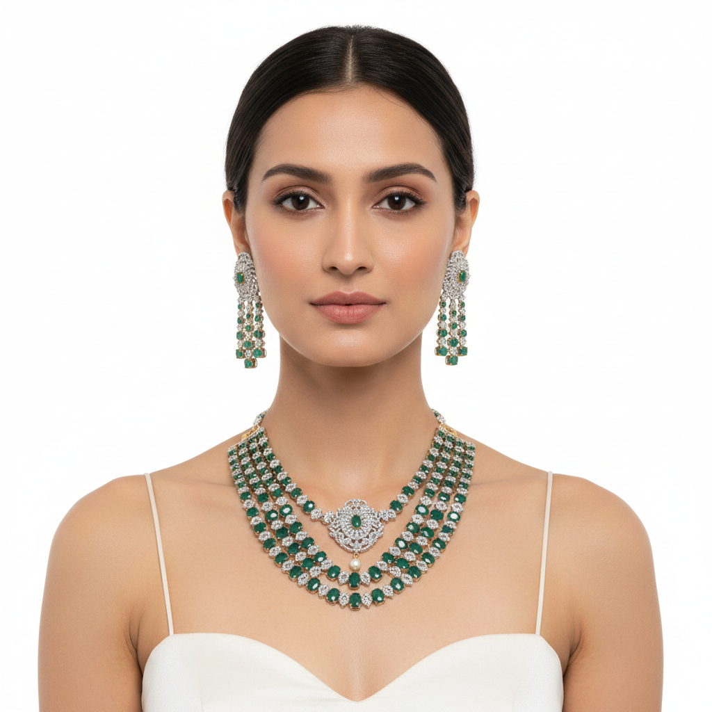 Elegant model wearing emerald green and diamond multi-layer bridal necklace set