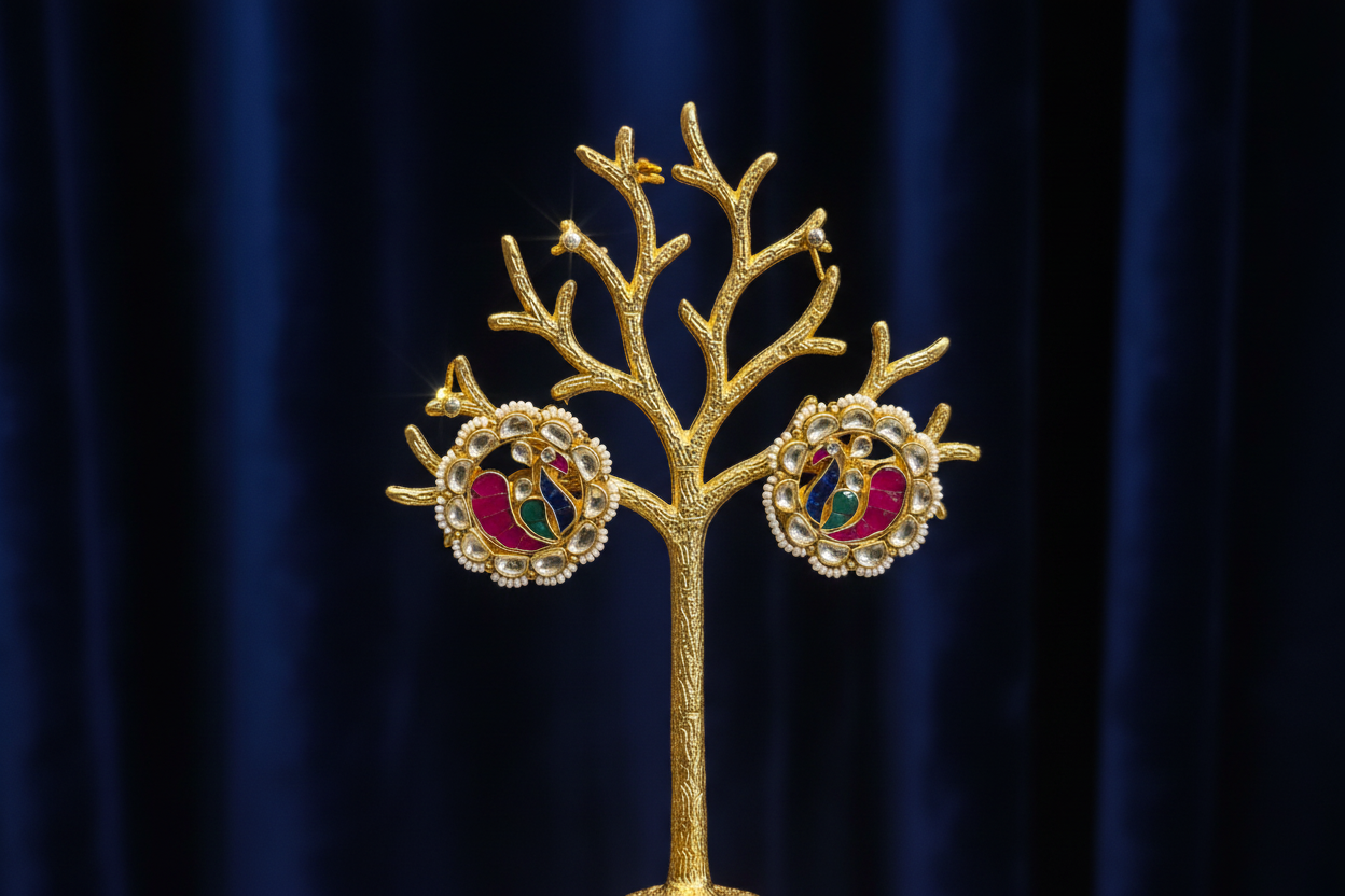 Navratna Kundan Peacock Studs - Boutique Display on Navy Velvet