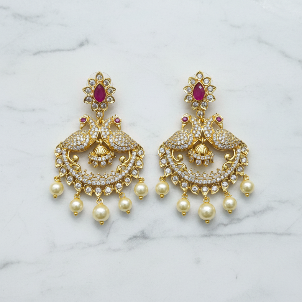 CZ Peacock Chandbali Earrings - Flat Lay Marble