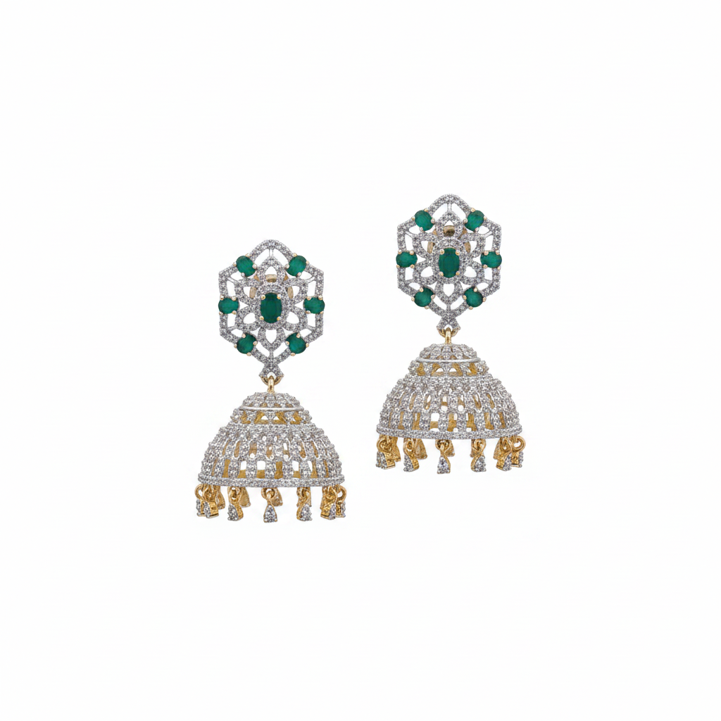 CZ diamond hexagonal jhumka earrings green variant on white background