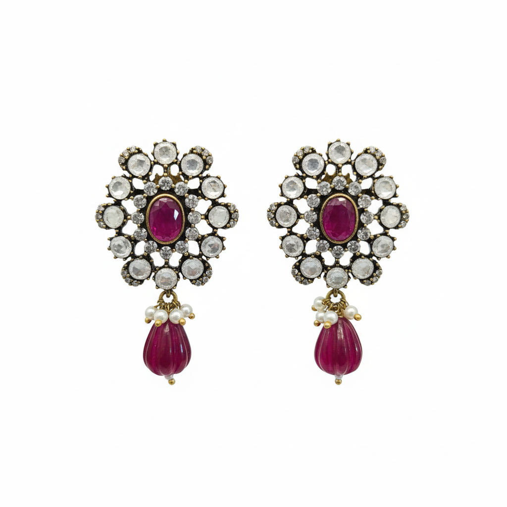 Victorian Polki Flower Studs Ruby Red White Background Studio Shot