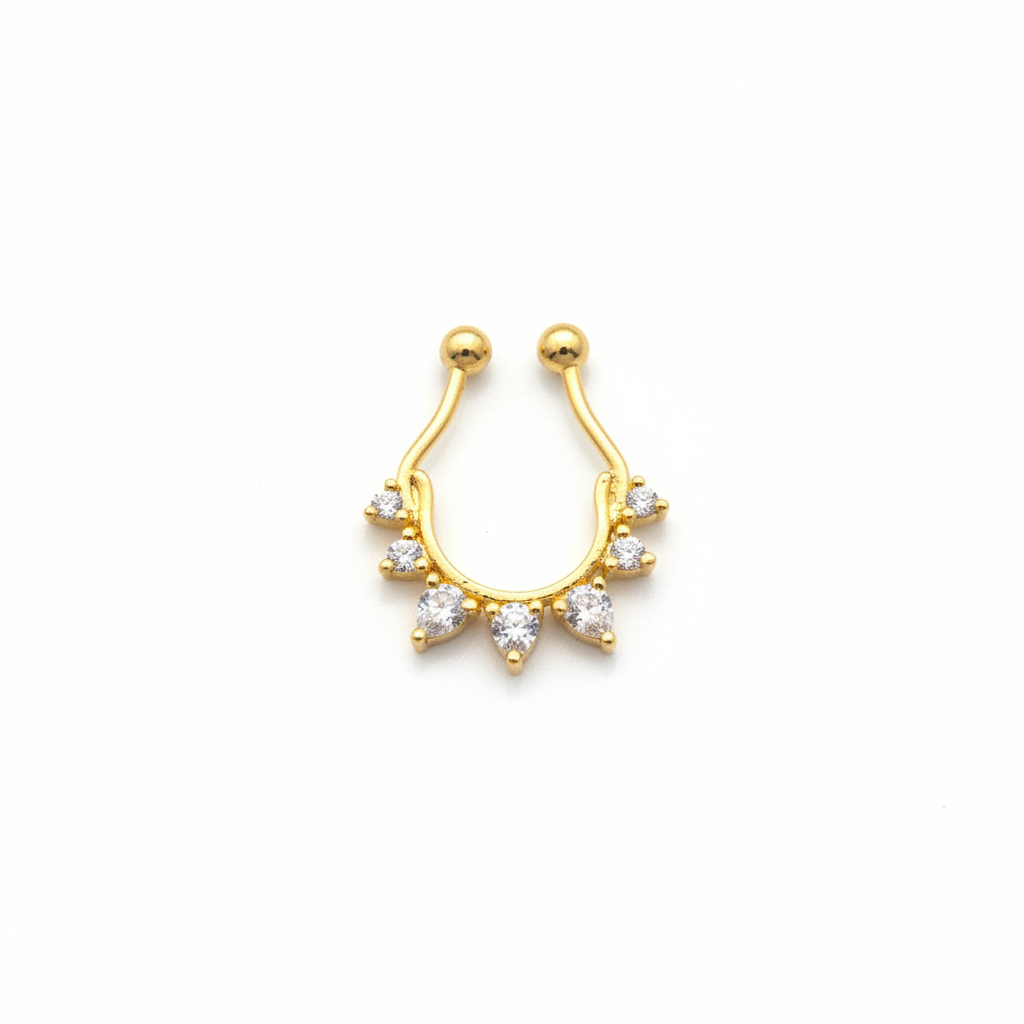 925 Sterling Silver Septum Nose Pin with Pear CZ Stones - 24K Gold Plated