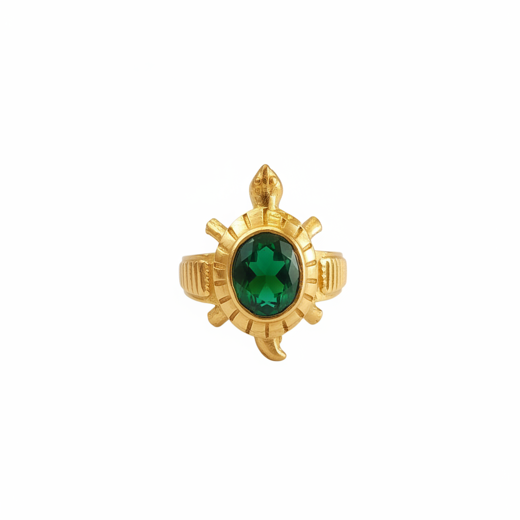 Gold turtle ring green stone white background