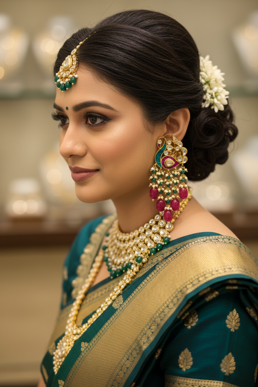 Indian model wearing Jadau Kundan Peacock Versatile Earrings bridal editorial
