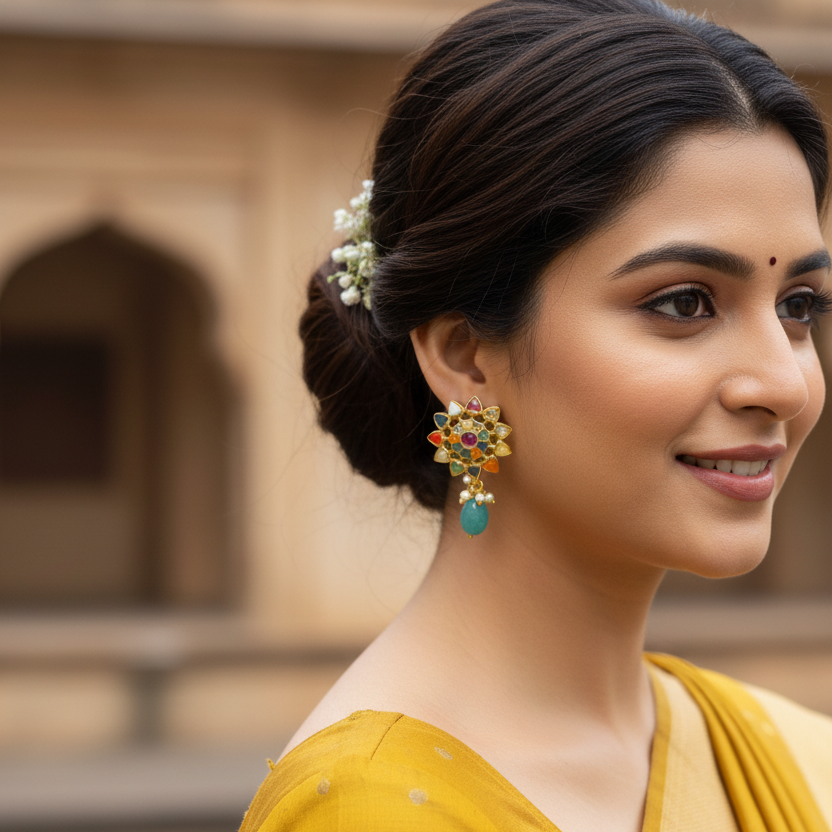 Model wearing Navratna Sunflower Earrings with turquoise drop in festive look