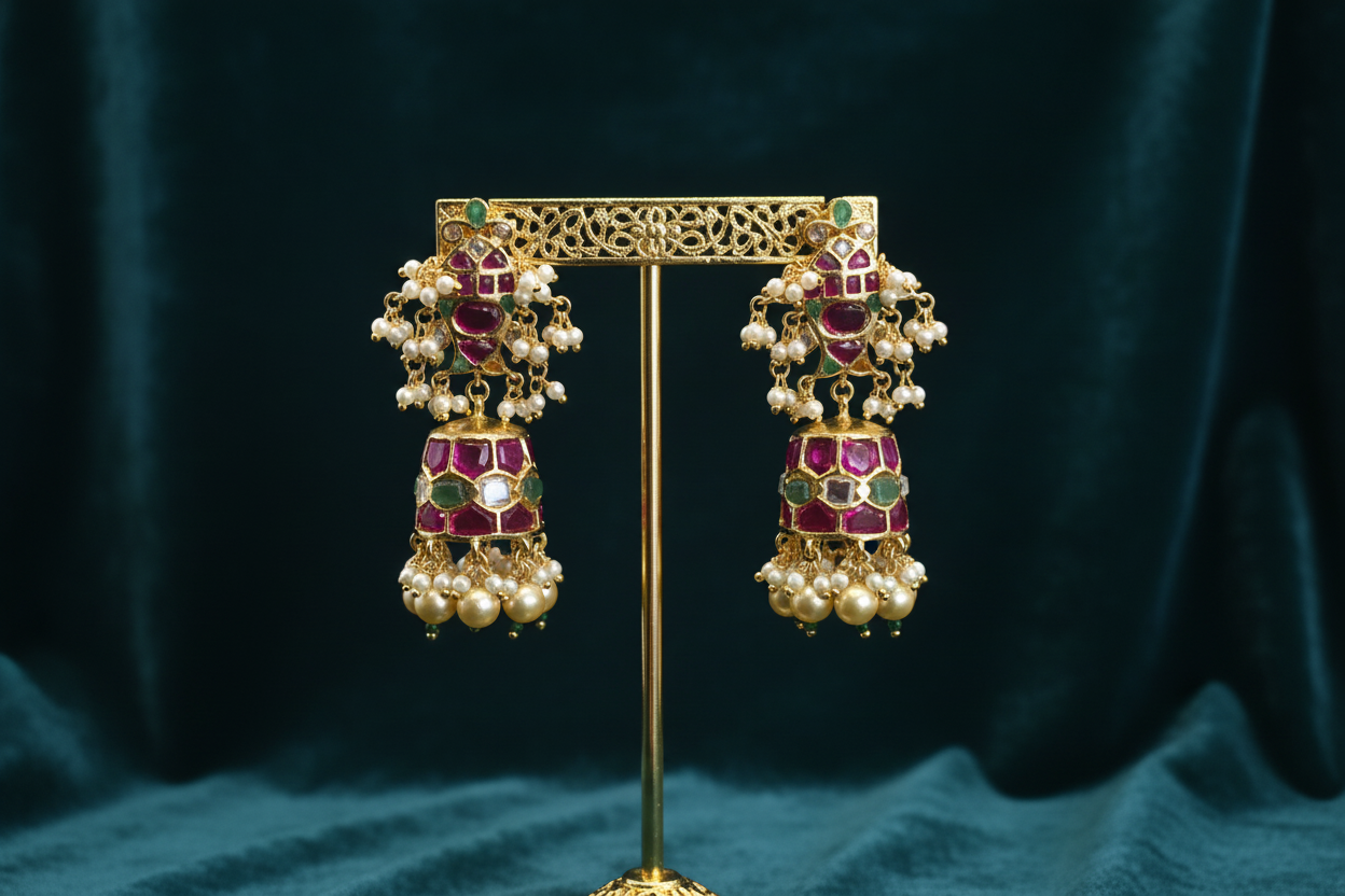 Polki Kundan Chandelier Jhumka - Boutique Display on Teal Velvet