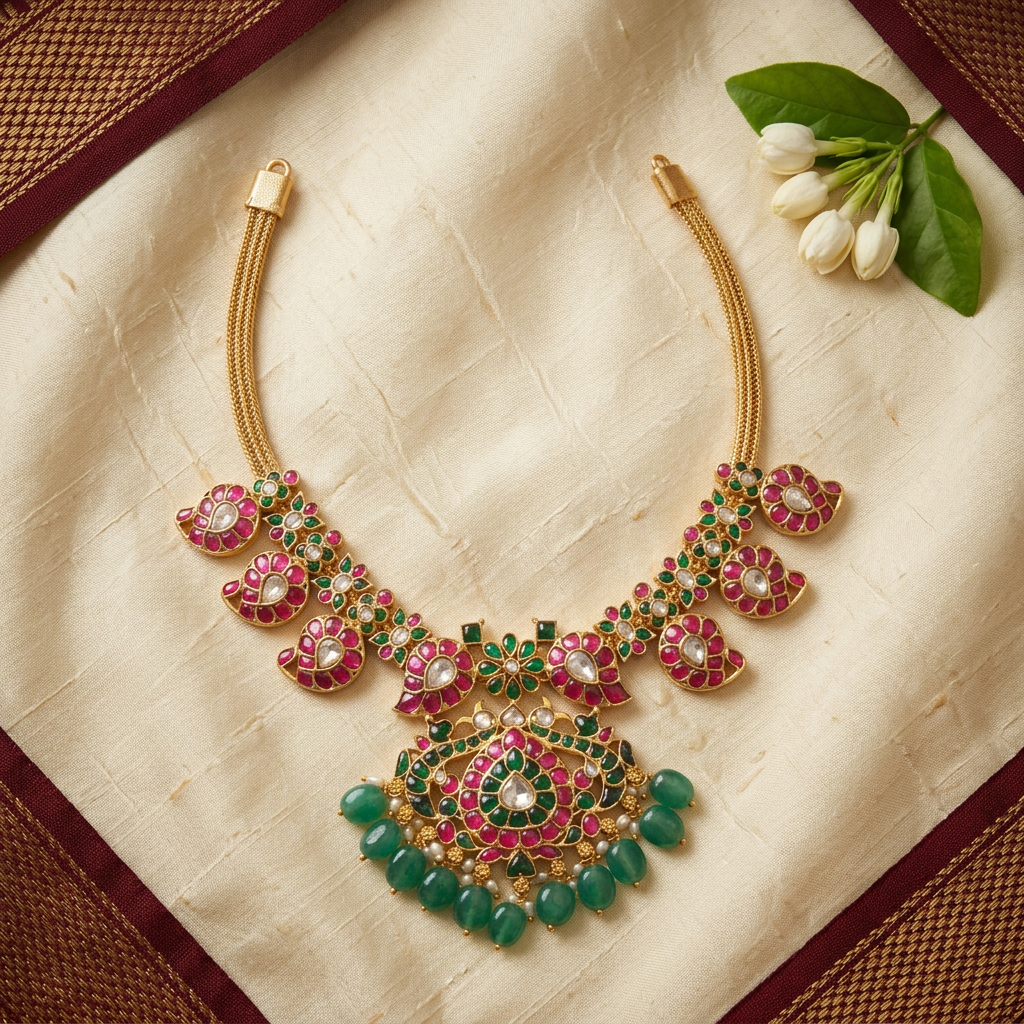 Jadau kundan necklace on ivory silk with jasmine flowers