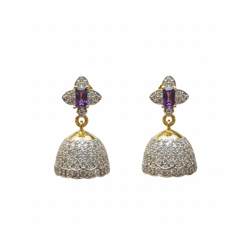 Rhodium-gold plated zircon diamond jhumka earrings with teardrop stone