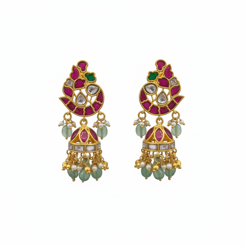 Jadau Kundan Jhumka Earrings on white background