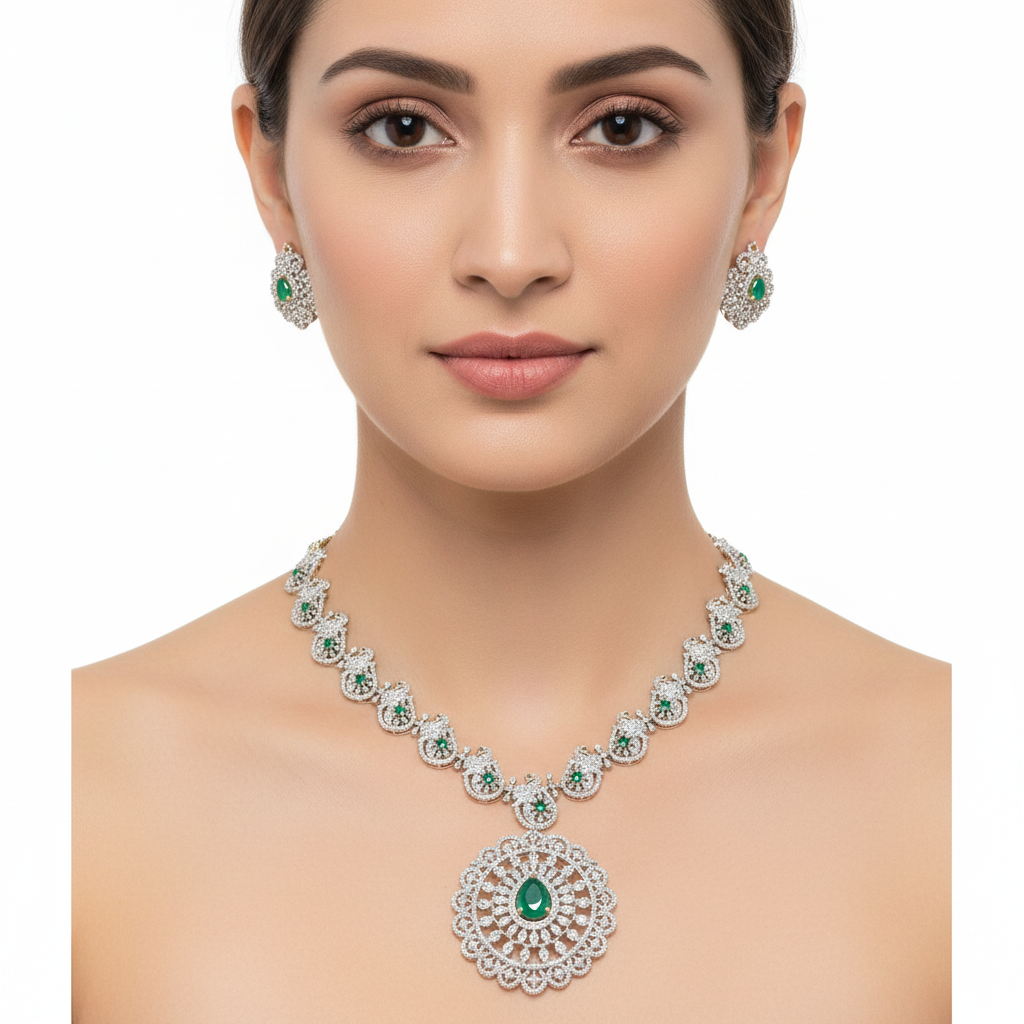 Elegant model wearing emerald and diamond peacock motif necklace set