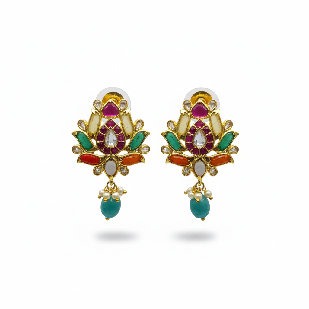 Navratna Lotus Earrings on white background - product shot