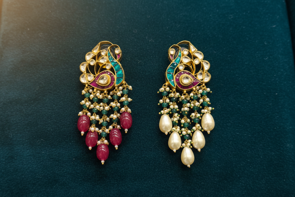 Jadau Kundan Peacock Versatile Earrings teal velvet lifestyle flat lay