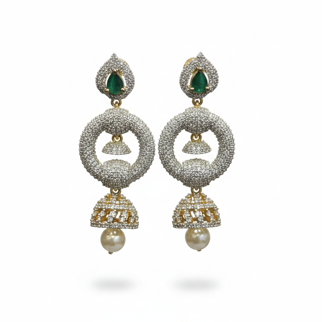CZ Jhumka Earrings Emerald Green - White Background