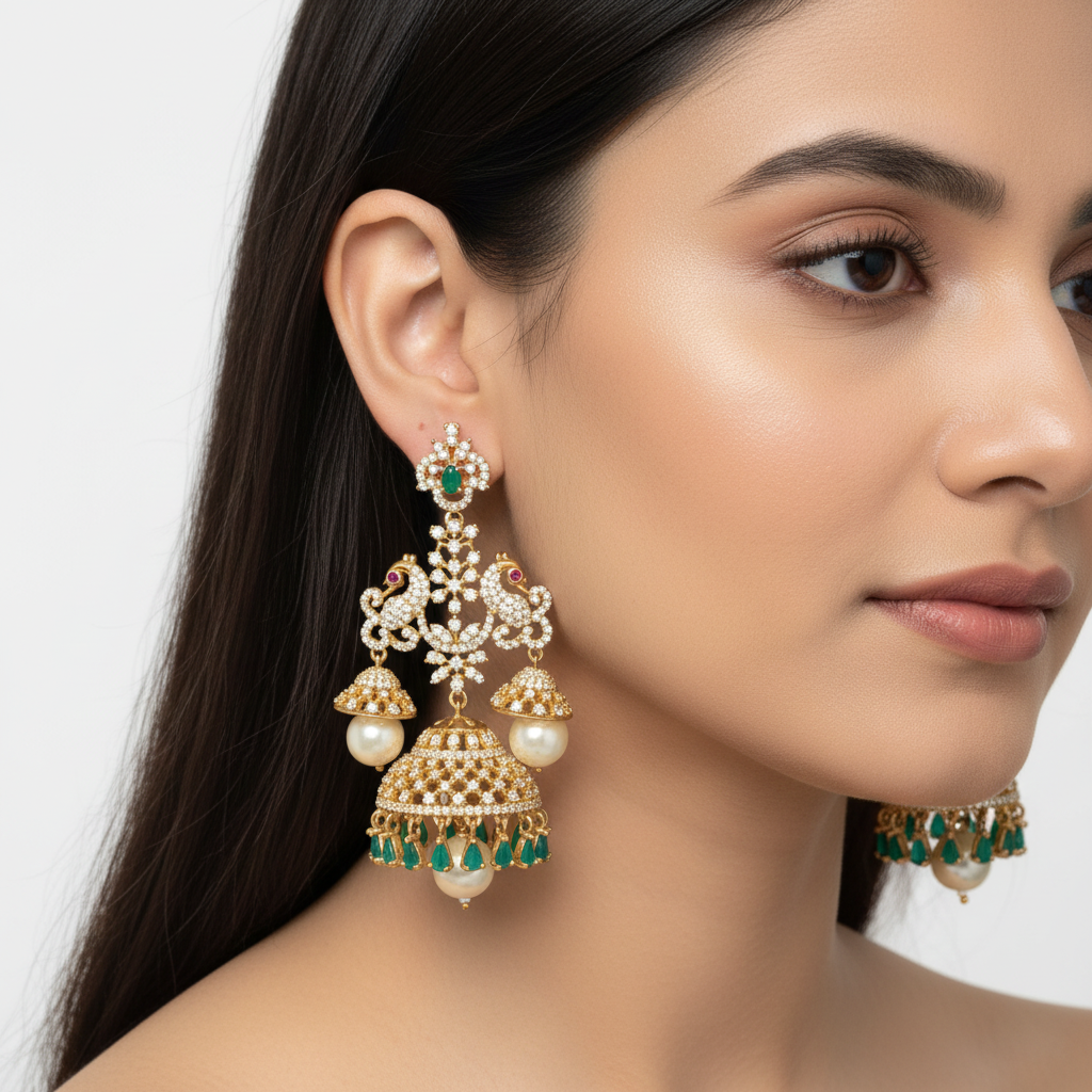 Model wearing Emerald CZ Peacock Jhumka Earrings