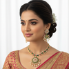 Elegant model wearing pink ruby green CZ necklace set