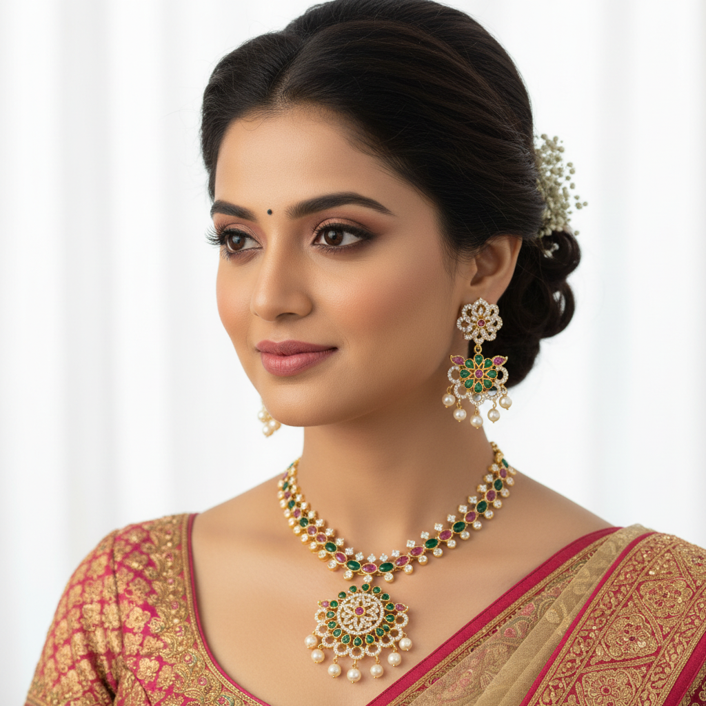 Elegant model wearing pink ruby green CZ necklace set