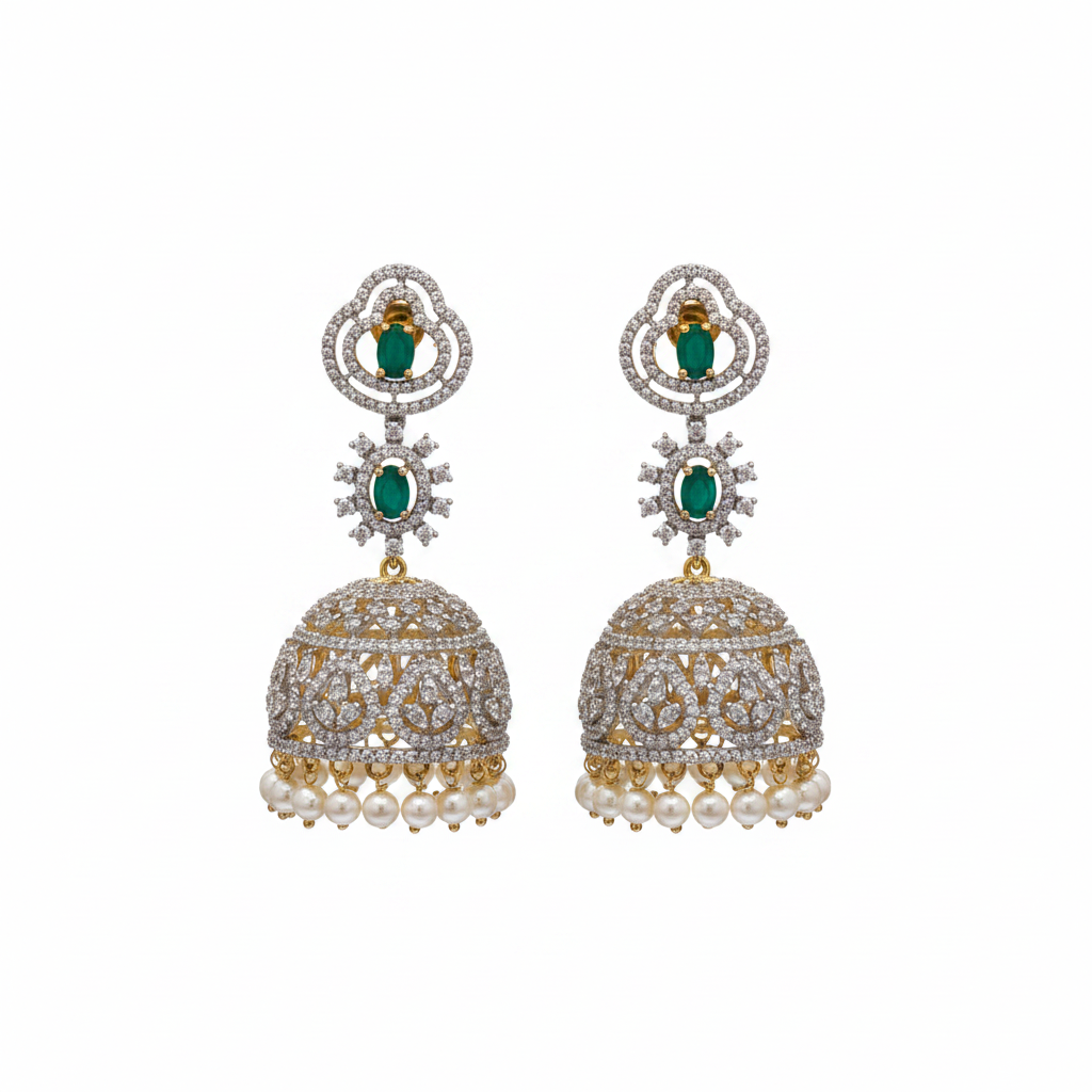 Green CZ Heart Jhumka - White Background