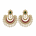 Kundan Kempu Chandbali Earrings with pearl drops on white background