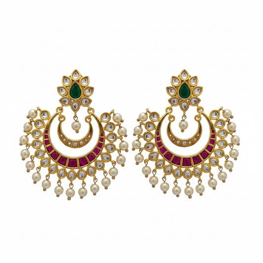 Kundan Kempu Chandbali Earrings with pearl drops on white background
