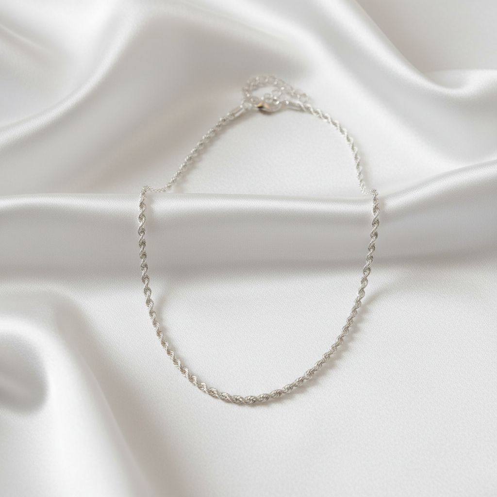 Delicate silver rope chain necklace lifestyle shot