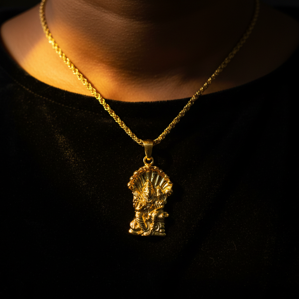 Lakshmi Narasimha Locket lifestyle editorial dark background