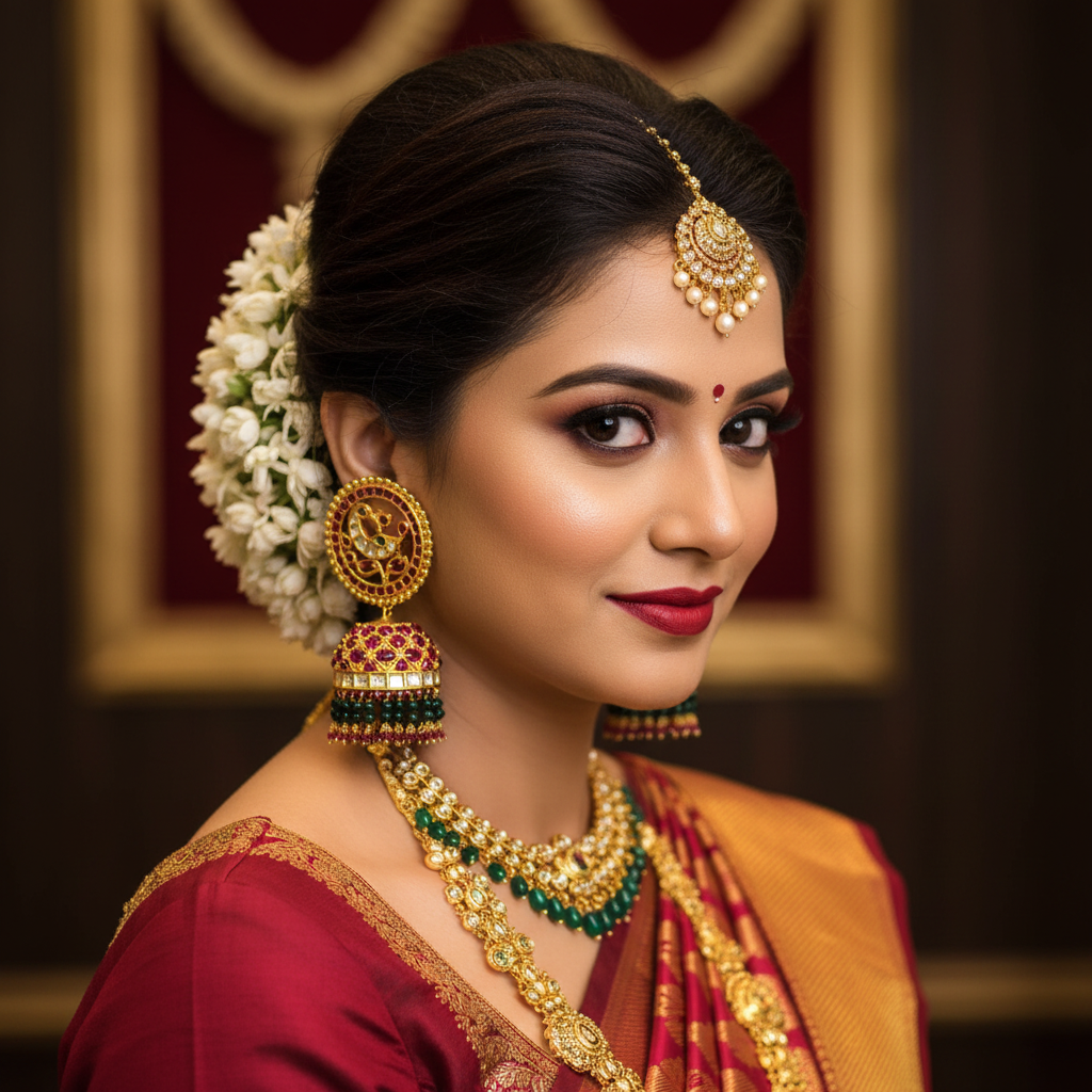 Model wearing Kempu Kundan Peacock Jhumka – lifestyle editorial