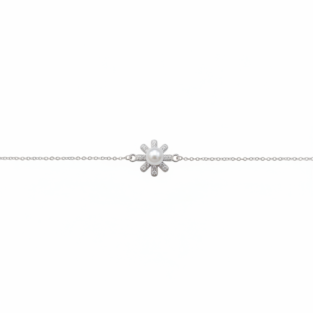 925 sterling silver pearl flower bracelet with cubic zirconia stones on white background