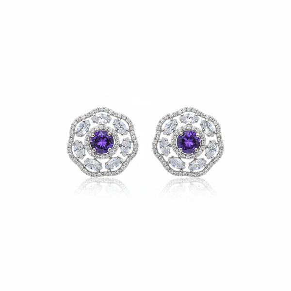 Purple CZ Halo Stud Earrings - White background studio shot