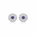 Purple CZ Halo Stud Earrings - White background studio shot