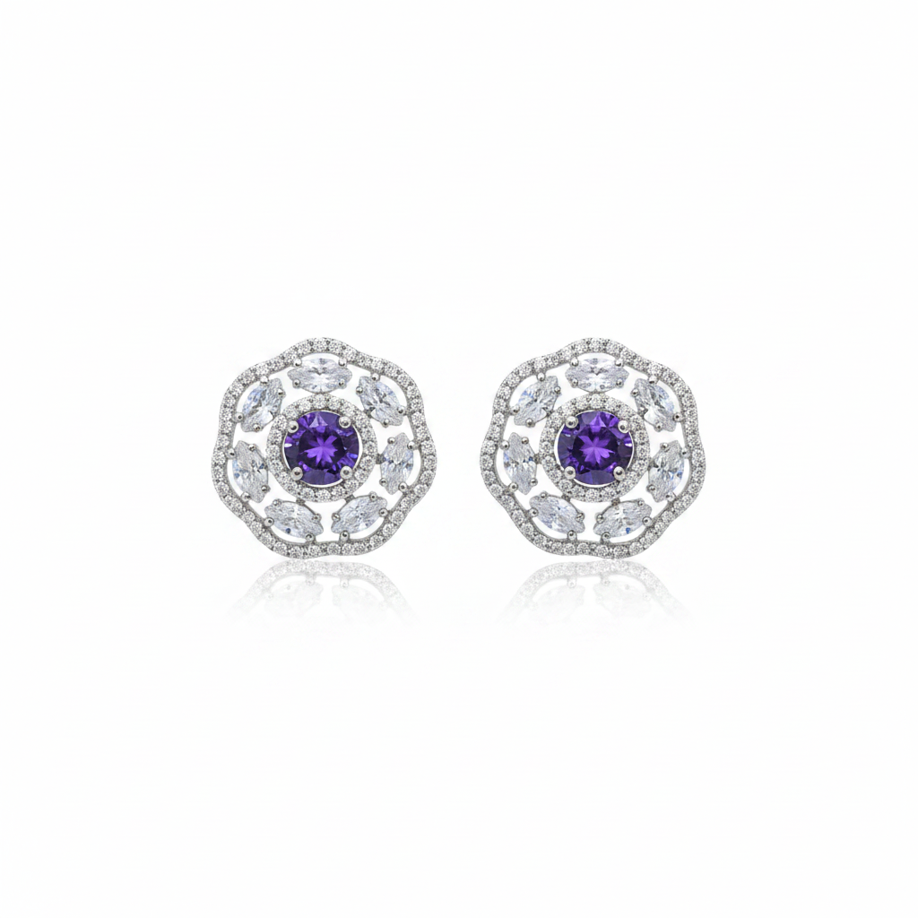 Purple CZ Halo Stud Earrings - White background studio shot