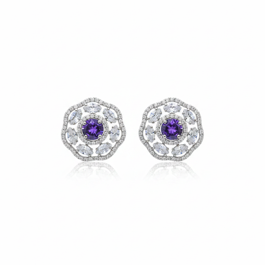 Purple CZ Halo Stud Earrings - White background studio shot