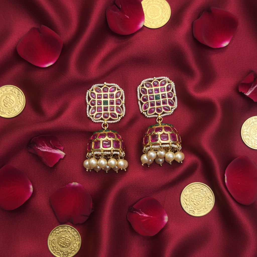 Square Kundan Jhumka - Flat Lay on Red Silk