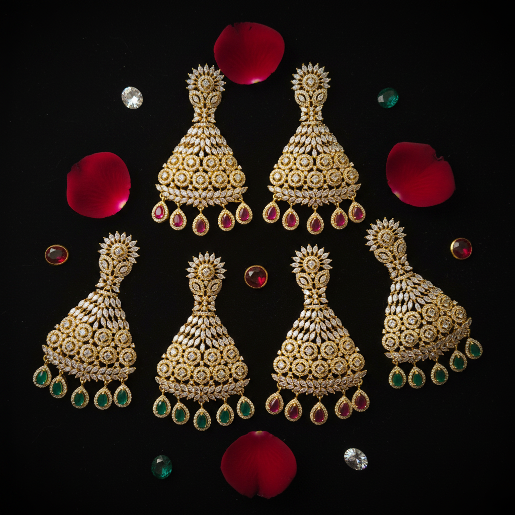 Grand CZ Chandbali Earrings All Three Variants Dark Velvet Flat Lay