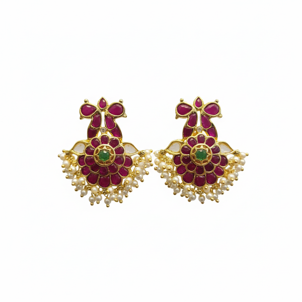 Kempu Gandabherunda Floral Earrings - White Background