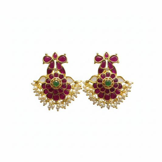 Kempu Gandabherunda Floral Earrings - White Background