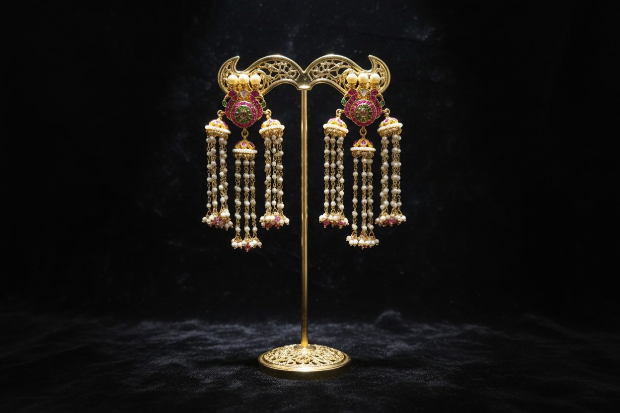 Polki Kundan Pearl Tassel Earrings - Boutique Display on Black Velvet
