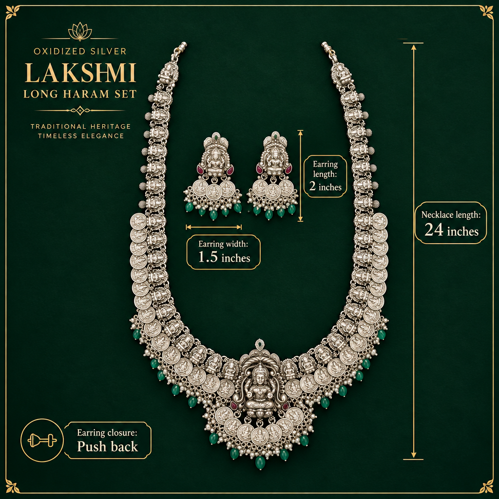 Oxidized Lakshmi long haram product specifications showing 24 inch necklace, 2 inch earrings, 1.5 inch earring width, and push back closure
