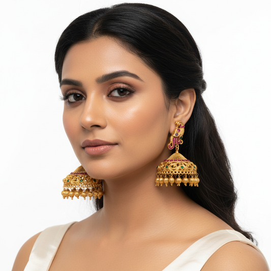Model wearing Premium Antique Gold Peacock Jhumka Earrings on white background - lifestyle photo
