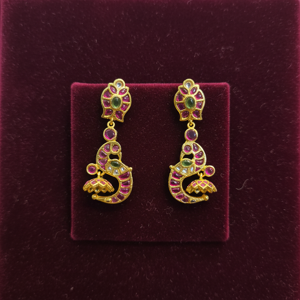 Kempu Polki Peacock Drop Earrings - Flat Lay