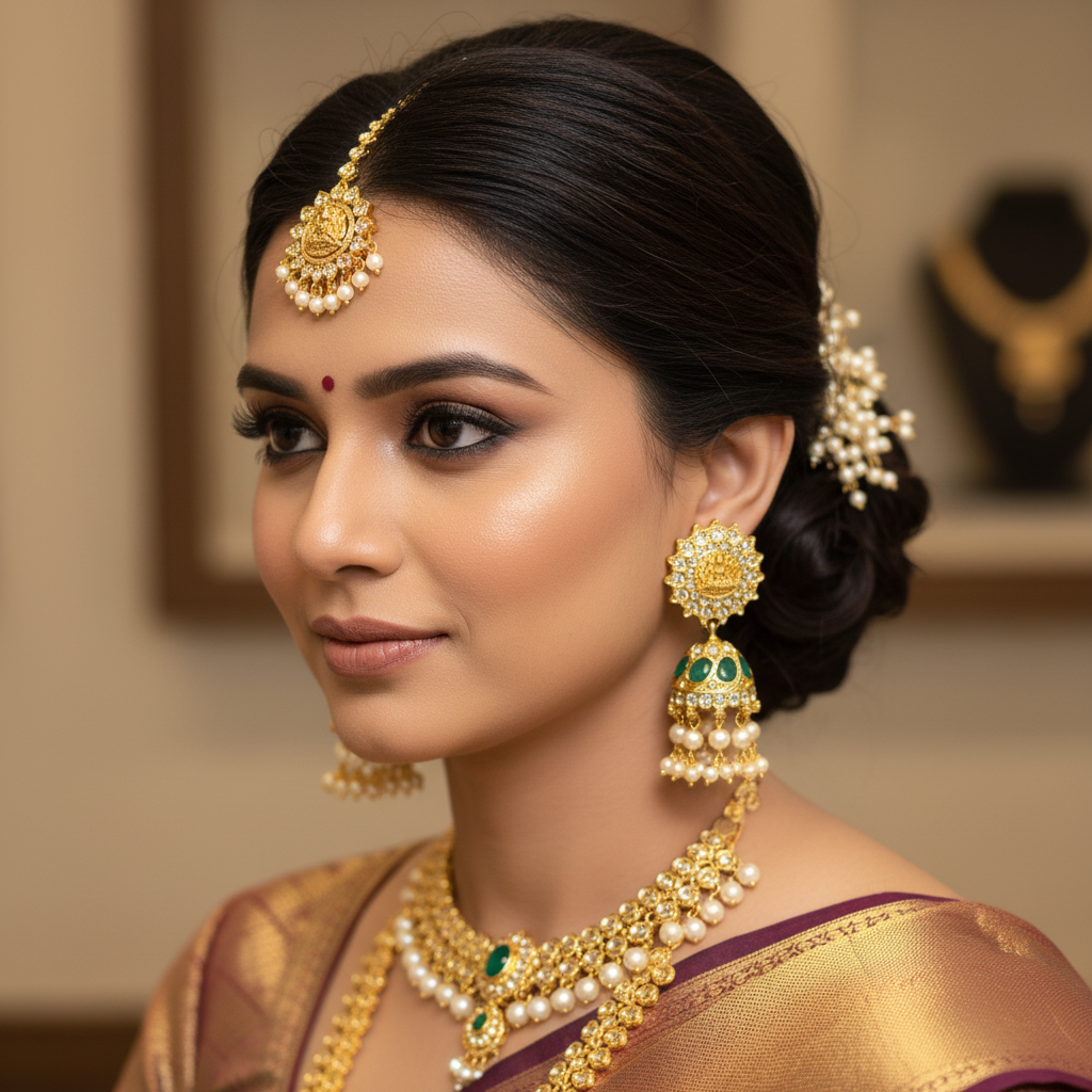 Lakshmi Sun Disc CZ Jhumka - Emerald Green - Model Wear
