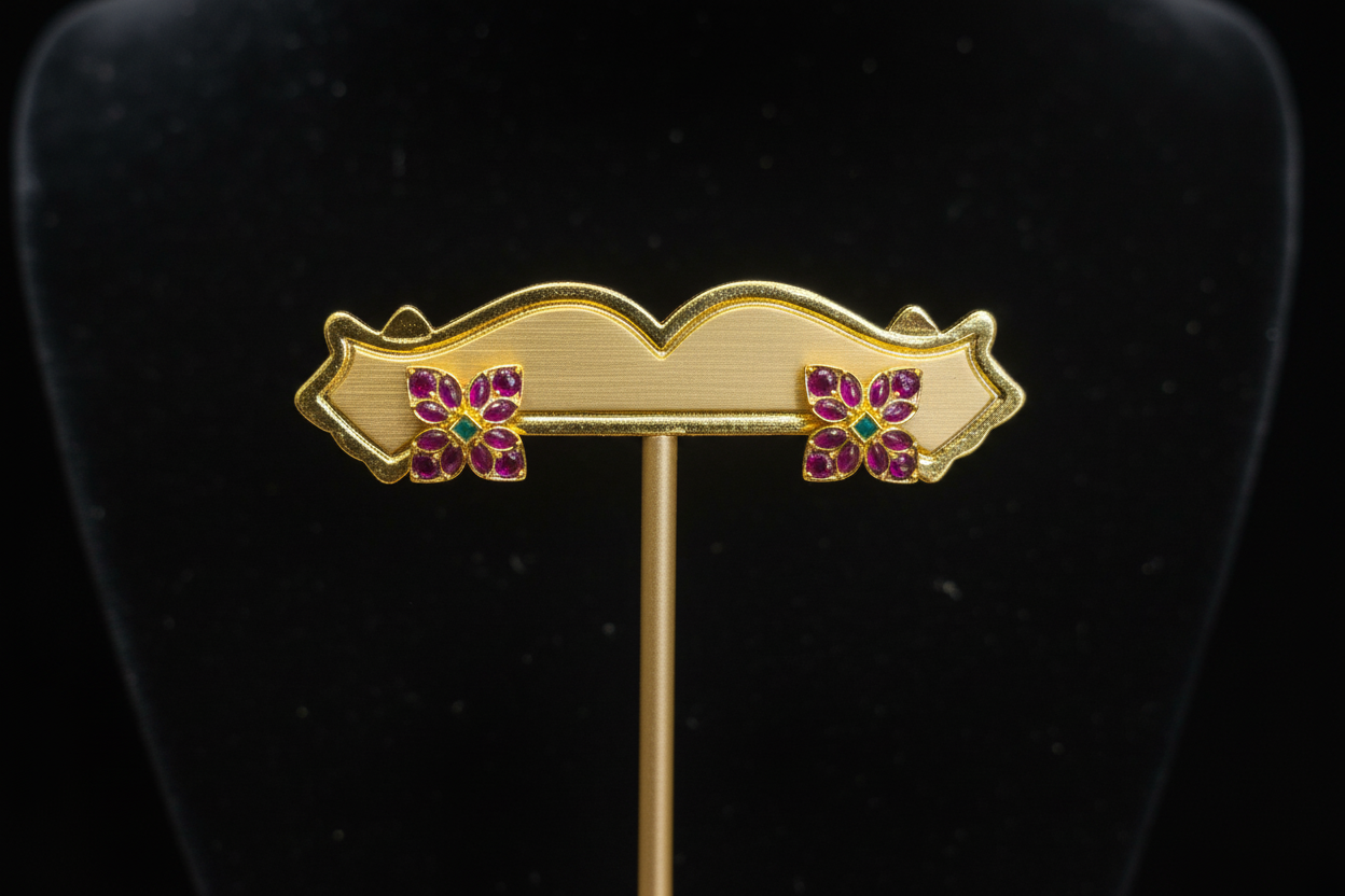 Ruby Kempu Butterfly Flower Studs - Boutique Display on Black Velvet